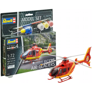 KIT PARA MONTAR REVELL MODEL SET HELICÓPTERO EC135 AIR-GLACIERS AIRBUS HELICOPTERS 1/72 75 PEÇAS COMPLETO COM TINTAS COLA E PINCEL REV 64986